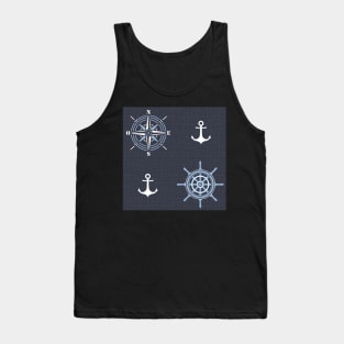 Pattern of anchors and compass roses on dark blue Tank Top